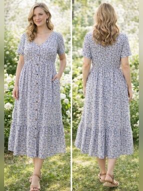 INDIGO ROSE Dress Womens Plus 2X Blue White Floral Midi Cottagecore